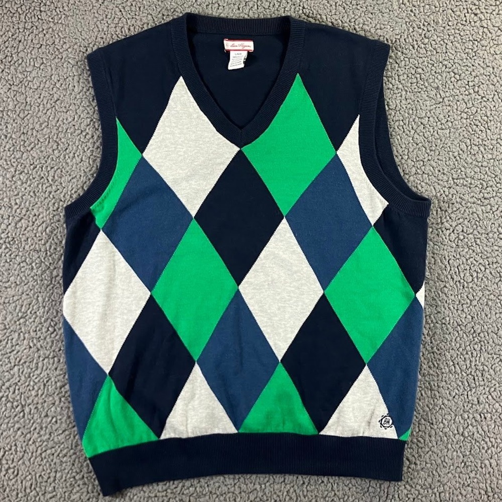 Ben Hogan Mens Argyle Sweater Vest Navy Blue Green 100% Cotton V-Neck Large